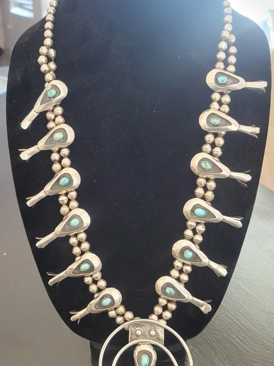 Sterling Silver Turquoise Squash Blossom Necklace - - Picture 7 of 16